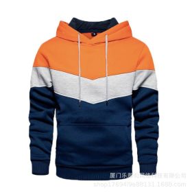 New men's fleece sweater splicing Hoodie autumn winter leisure sports sweater Plush casual coat (Color: Orange, size: L)