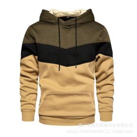 New men's fleece sweater splicing Hoodie autumn winter leisure sports sweater Plush casual coat (Color: Khaki, size: 3XL)